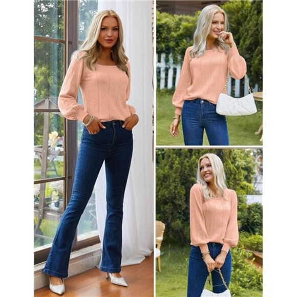 Women Fall Sweater 2025 Puff Sleeve Square Neck Knit Pullover Tunic Top Casual - Picture 5 of 7